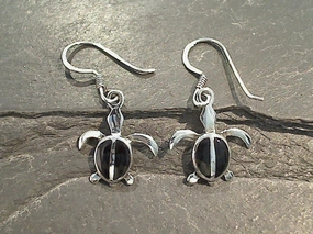 Black Onyx, Sterling Silver Small Sea Turtle Earrings Embellished Decoration