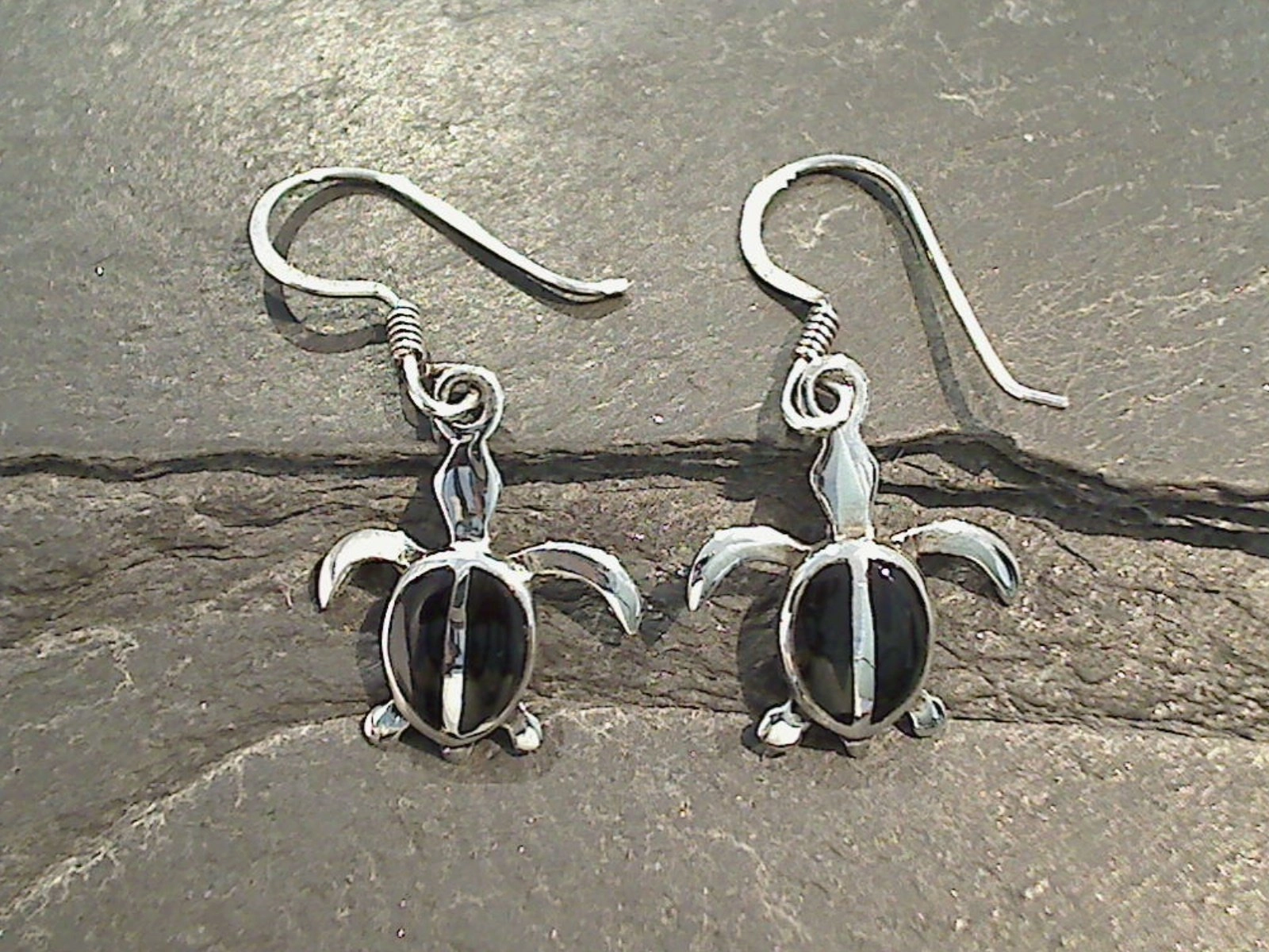 Black Onyx, Sterling Silver Small Sea Turtle Earrings Embellished Decoration