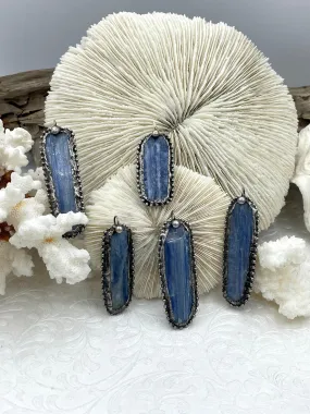 Blue Color Kynite Pendant with Burnished Silver Soldered Bezel. Natural Kynite Stone. All Natural Stones, varying sizes. Fast Ship Sleek Detail
