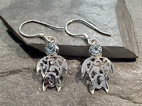 Blue Topaz, Sterling Silver Sea Turtle Earrings Ornate Option Everyday Embellishment