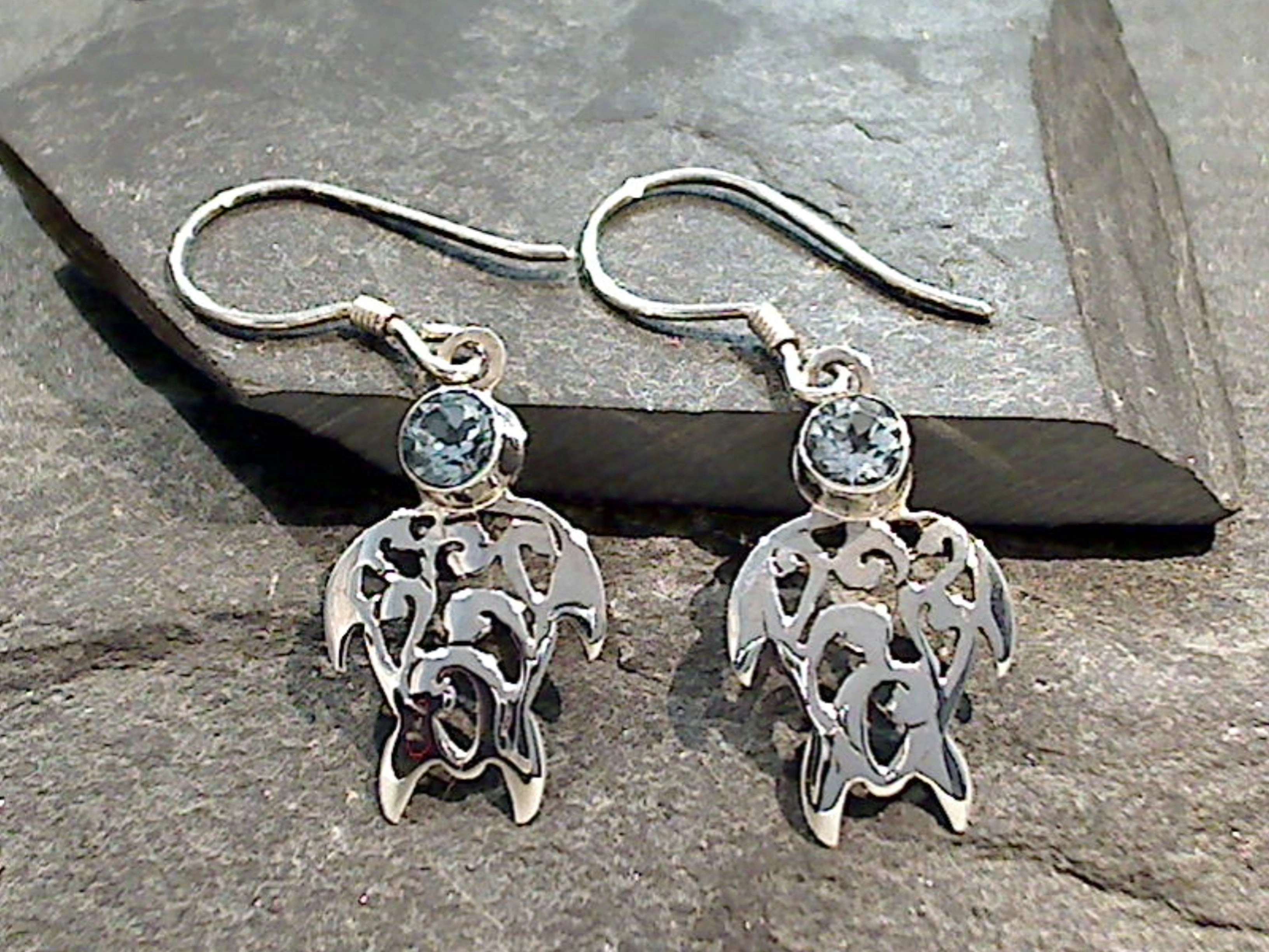 Blue Topaz, Sterling Silver Sea Turtle Earrings Ornate Option Everyday Embellishment