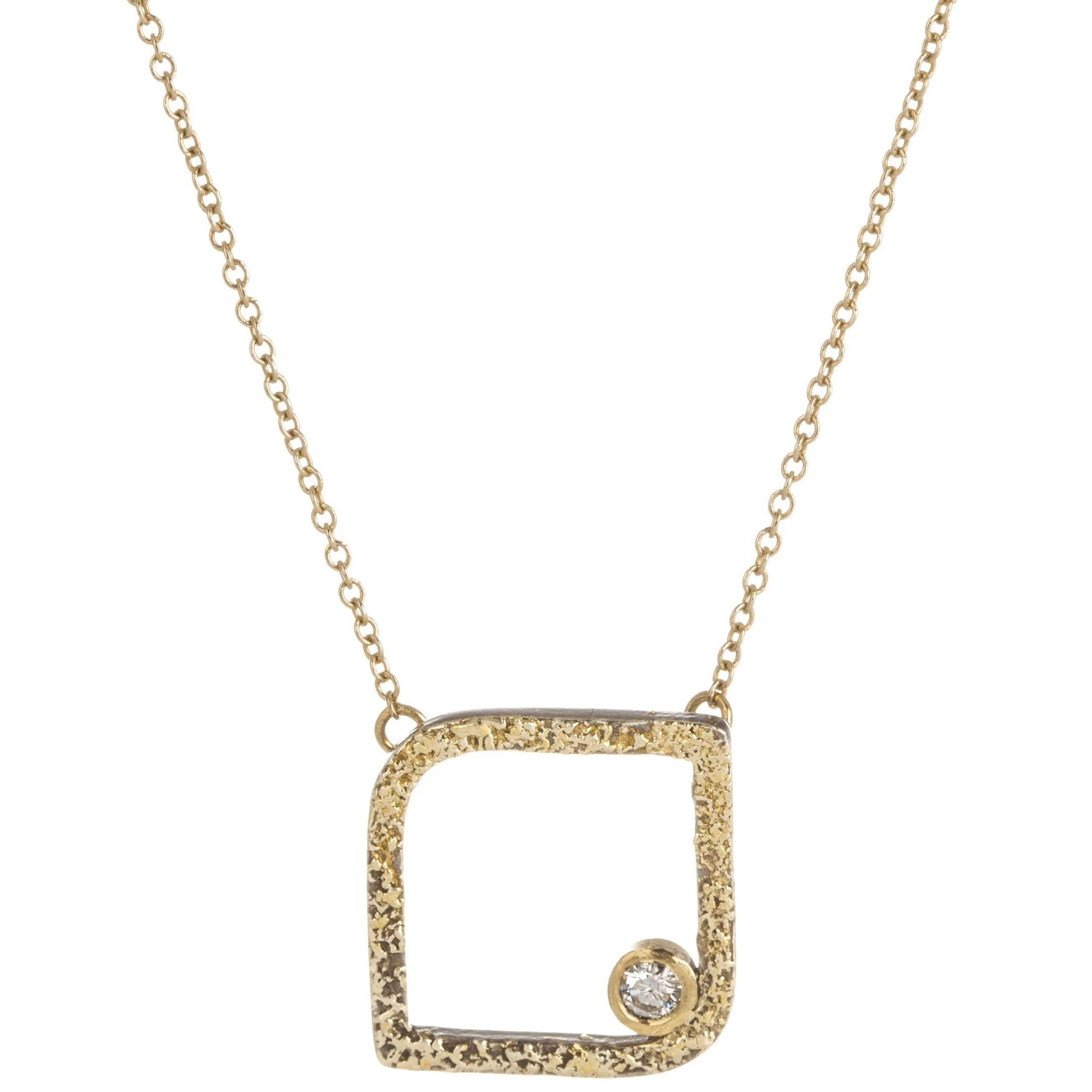 Valentine Token Mini Slice Square Necklace on 14k Gold Chain - 22k/18k/14k Gold, Oxidized Silver   VS White Diamonds