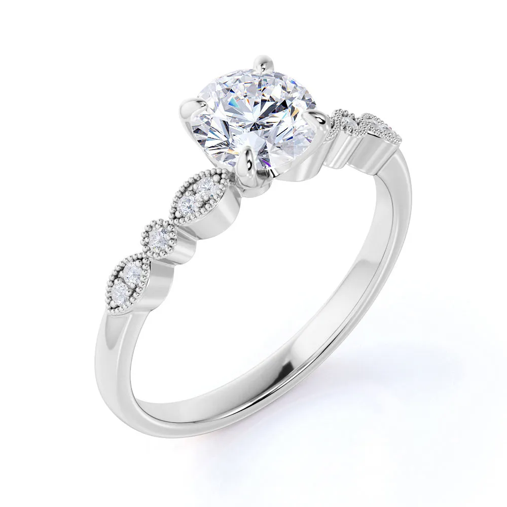 Bold Contour Certified 1.25 CT Round Lab Diamond Vintage Milgrain Engagement Ring