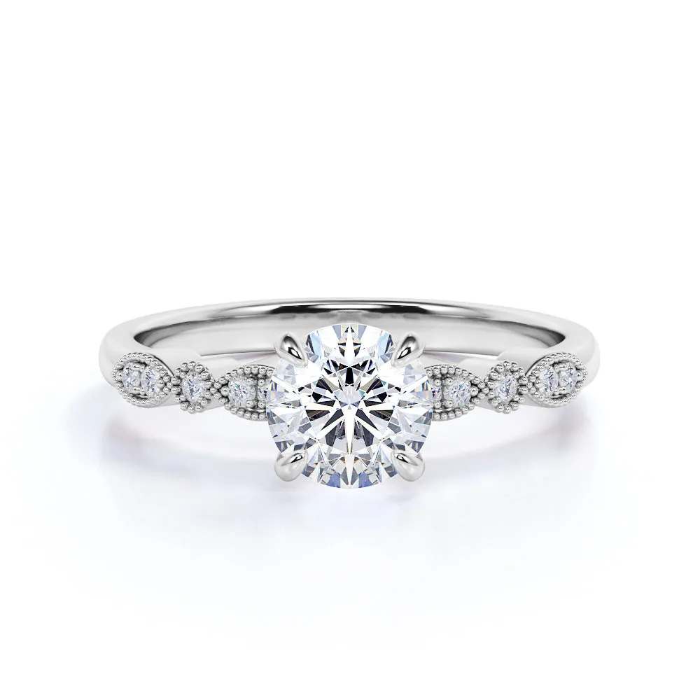 Bright Glow Distinctive Jewelry Pieces Certified 1.25 CT Round Lab Diamond Vintage Milgrain Engagement Ring