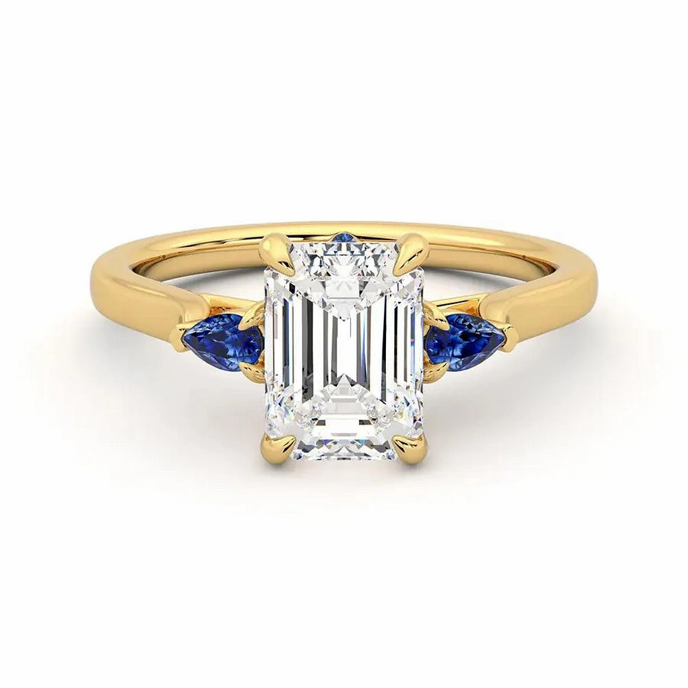 Three Stone Emerald Cut Moissanite Engagement Ring with Hidden Anniversary Stone Accent Modern Fashion Artistic Accent
