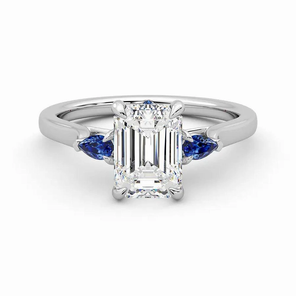 Three Stone Emerald Cut Moissanite Engagement Ring with Hidden Anniversary Stone Accent Creative Light