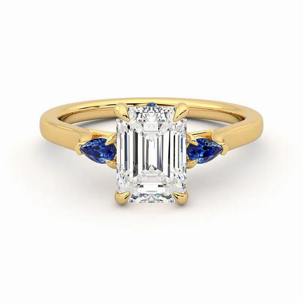 Dramatic Look Three Stone Emerald Cut Moissanite Engagement Ring with Hidden Anniversary Stone Accent