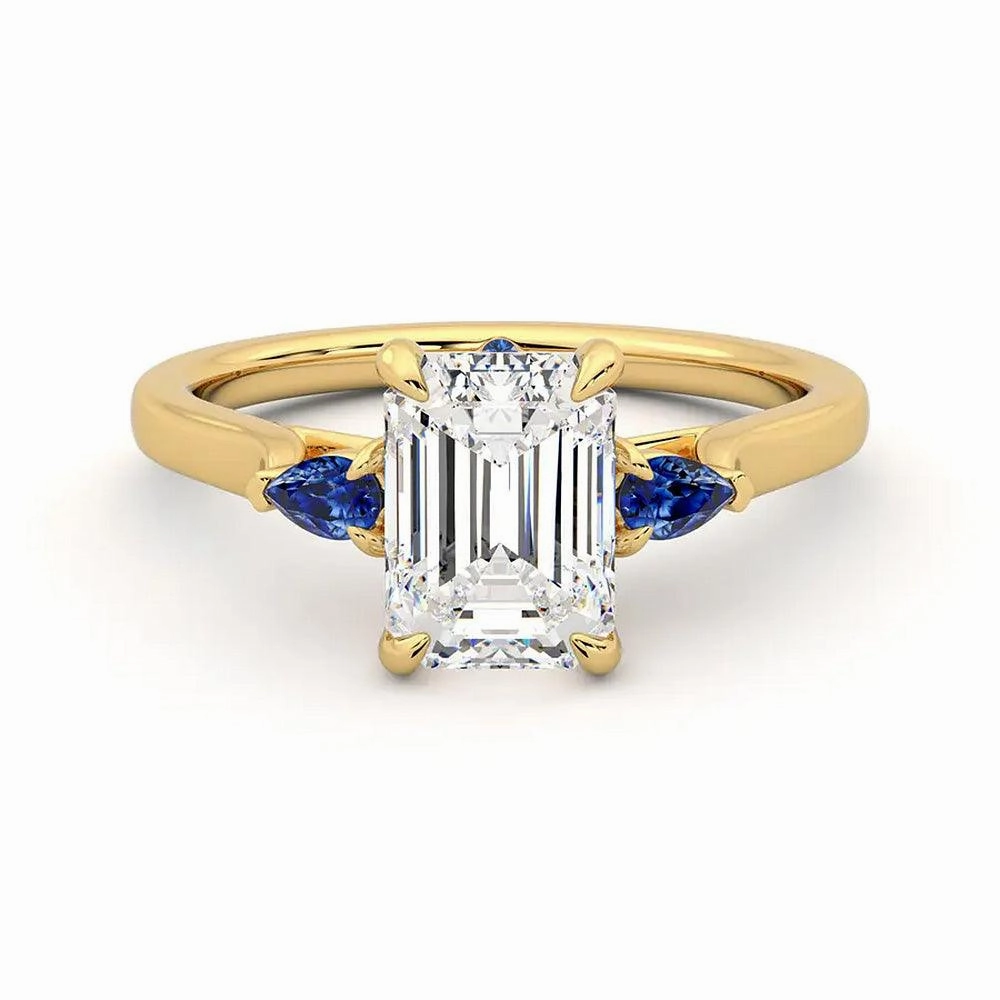Three Stone Emerald Cut Moissanite Engagement Ring with Hidden Anniversary Stone Accent Vibrant Touch