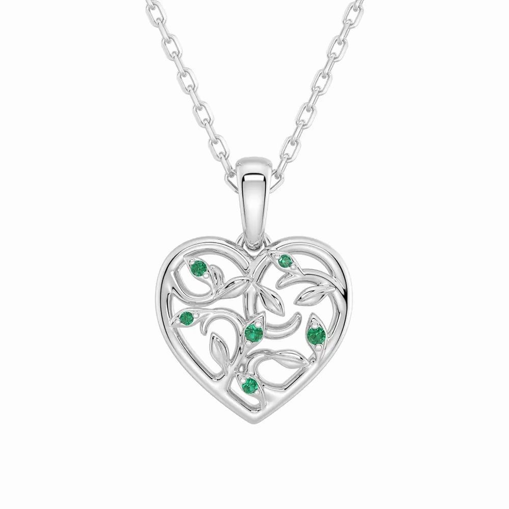Heirloom Accent Soft Tone Asymmetrical Vine Motif Lab Grown Emerald Heart Necklace