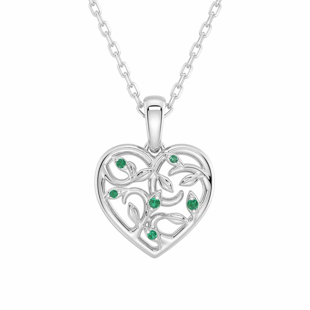 Asymmetrical Vine Motif Lab Grown Emerald Heart Necklace Bold Details