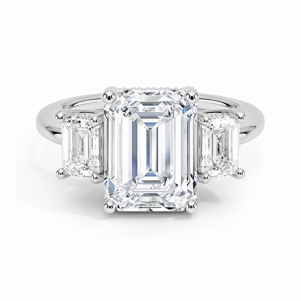 Delicate Beauty Hidden Halo Emerald Cut Three Stone Moissanite Engagement Ring