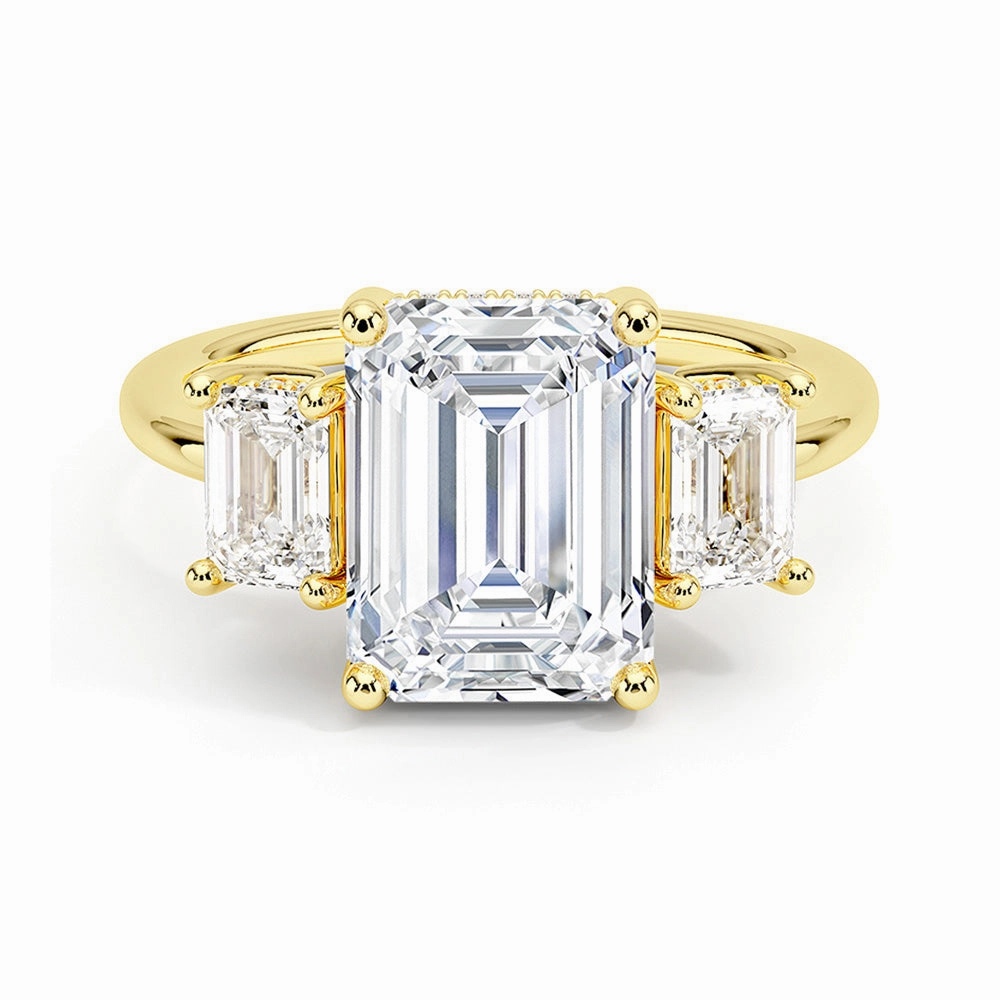 Everyday Pick Hidden Halo Emerald Cut Three Stone Moissanite Engagement Ring
