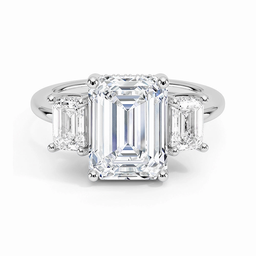 Glistening Glow Luxury Design Pieces Hidden Halo Emerald Cut Three Stone Moissanite Engagement Ring