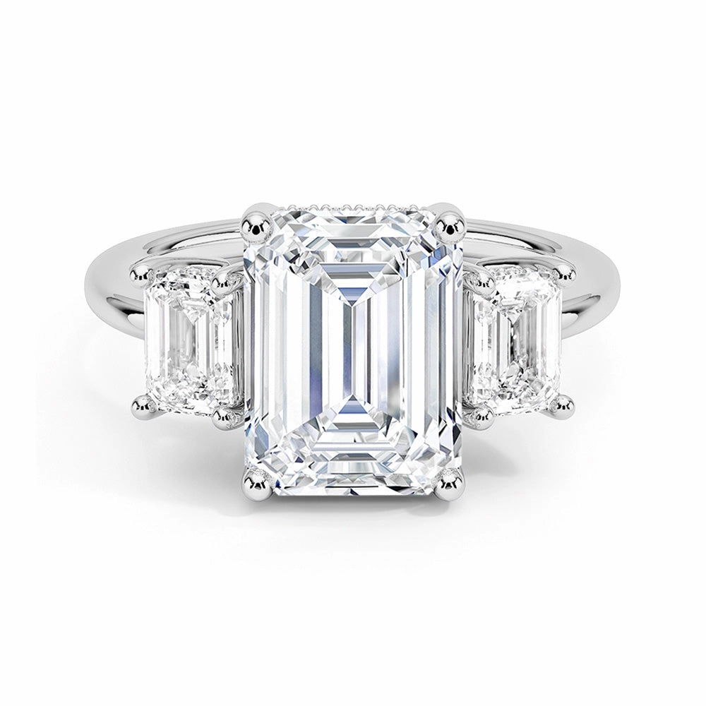 Hidden Halo Emerald Cut Three Stone Moissanite Engagement Ring Refined Taste Chic Glam