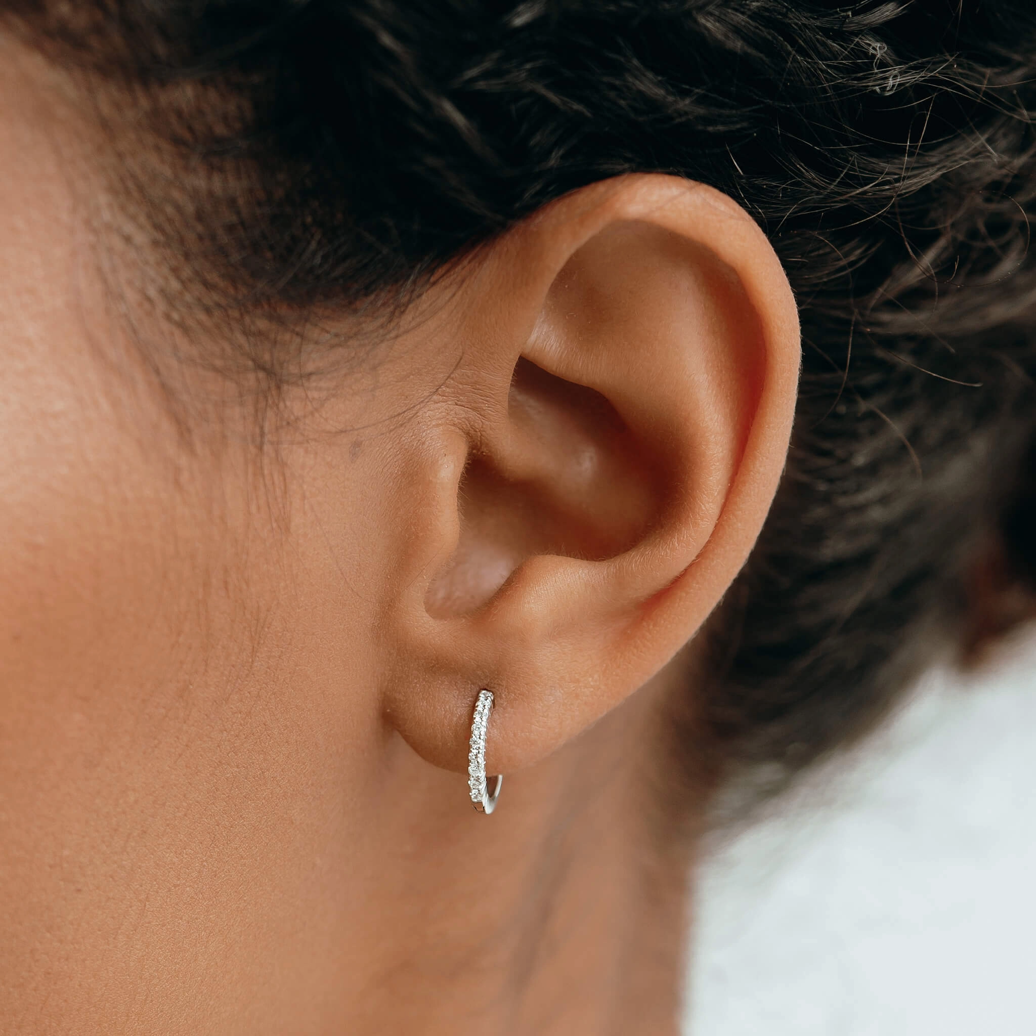 14k White Gold Diamond Huggie Earring - Susanna (Single) Simple Look