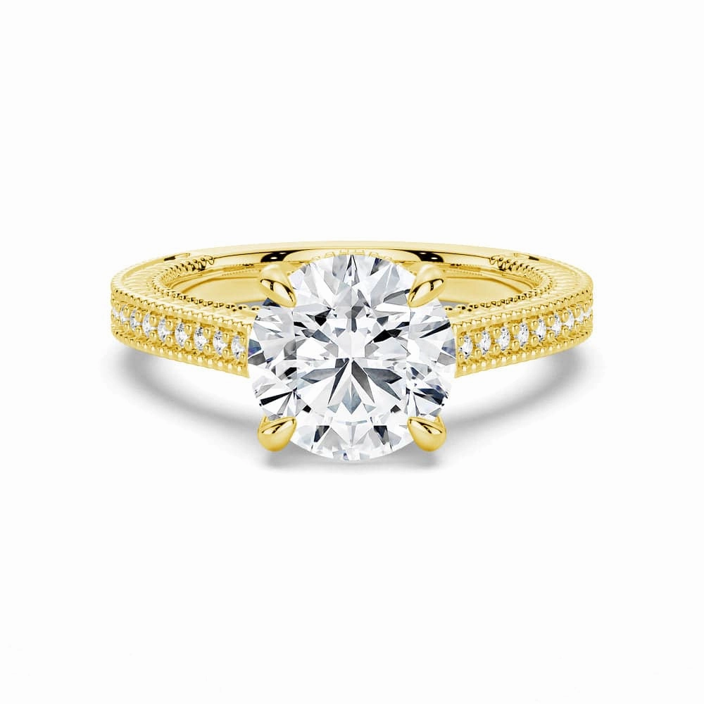 Round Pave Moissanite Cathedral Engagement Ring With Hidden Halo Textured Detail Fashion Muse