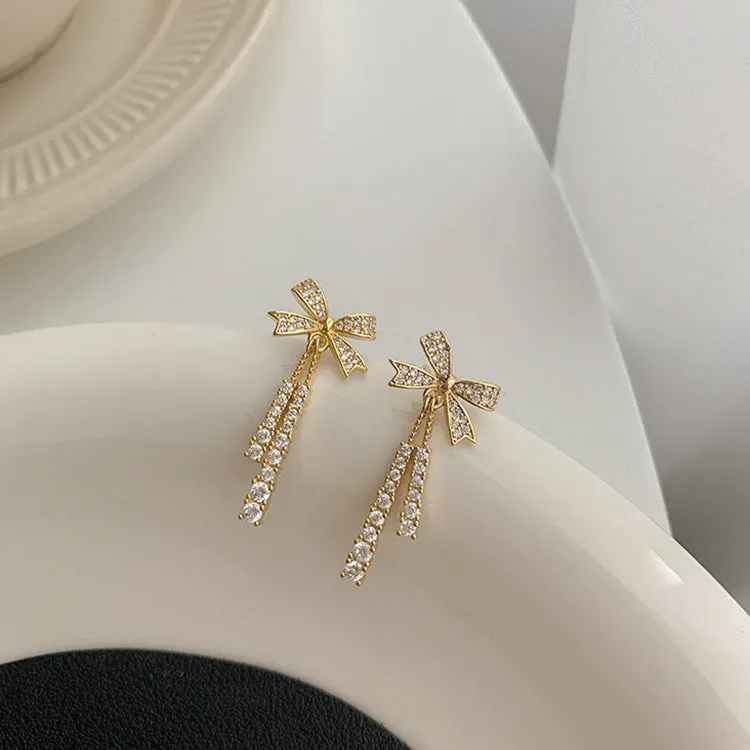 Shiny Jewelry Pieces Stylish Edge Bow Design Sterling Silver Drop Earrings