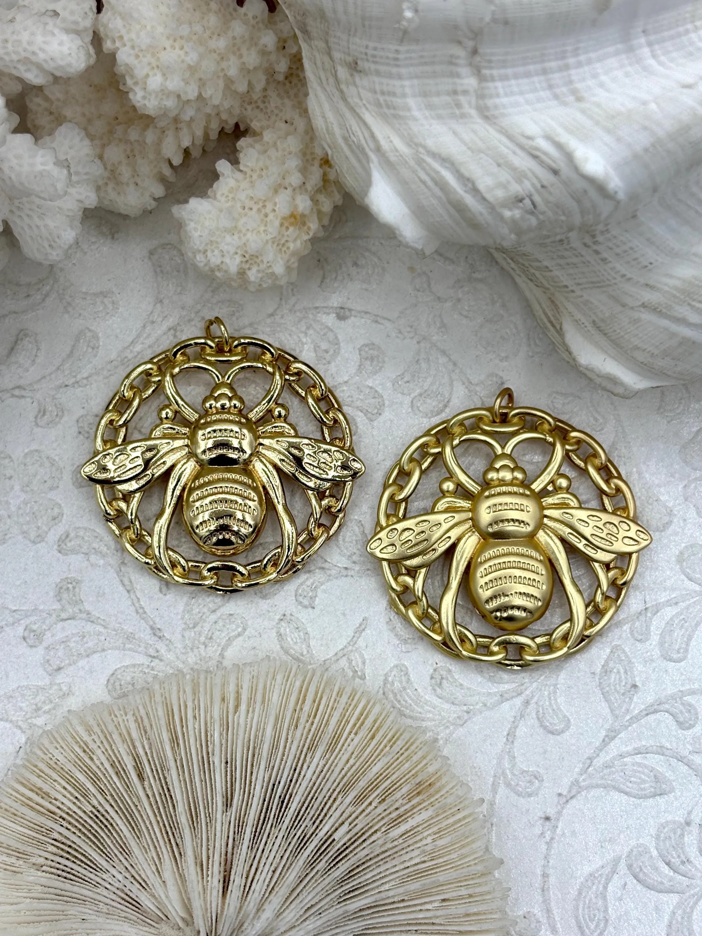 Brass Gold or Matte Gold Plated Bee Pendant, Bee Charm, Bumblebee Pendant, High Quality Brass Pendants, Gold, & Matte Gold. 42mm Fast Ship Pretty Gift Outdoor Accent