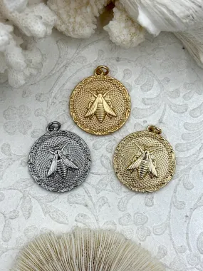 Brass Gold or Rhodium Plated Bee Pendant, Bee Charm,Bumblebee Pendant, High Quality Brass Pendants, Gold, Silver & Matte Gold.42mm Fast Ship Active Woman