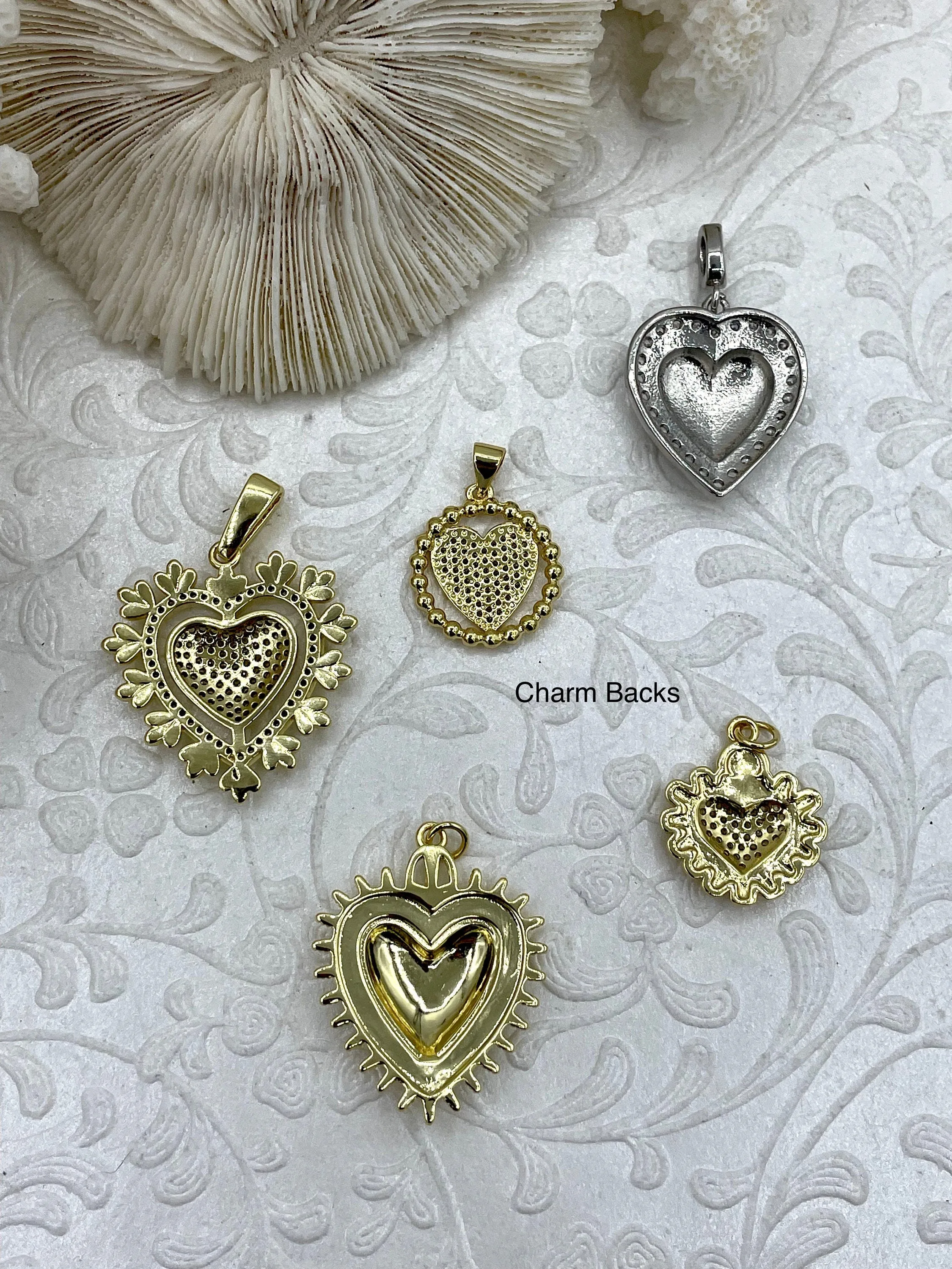 Minimalist Adornment Brass Heart Charms with CZ, 5 styles, Gold and Silver Plated Brass, Brass and Cubic Zirconia Heart Pendants. Fast Ship