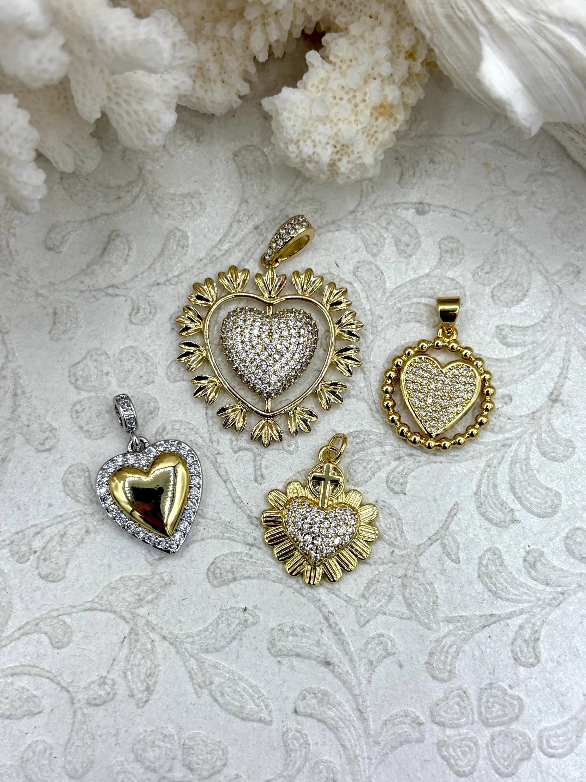 Perfect Design Brass Heart Charms with CZ, 5 styles, Gold and Silver Plated Brass, Brass and Cubic Zirconia Heart Pendants. Fast Ship