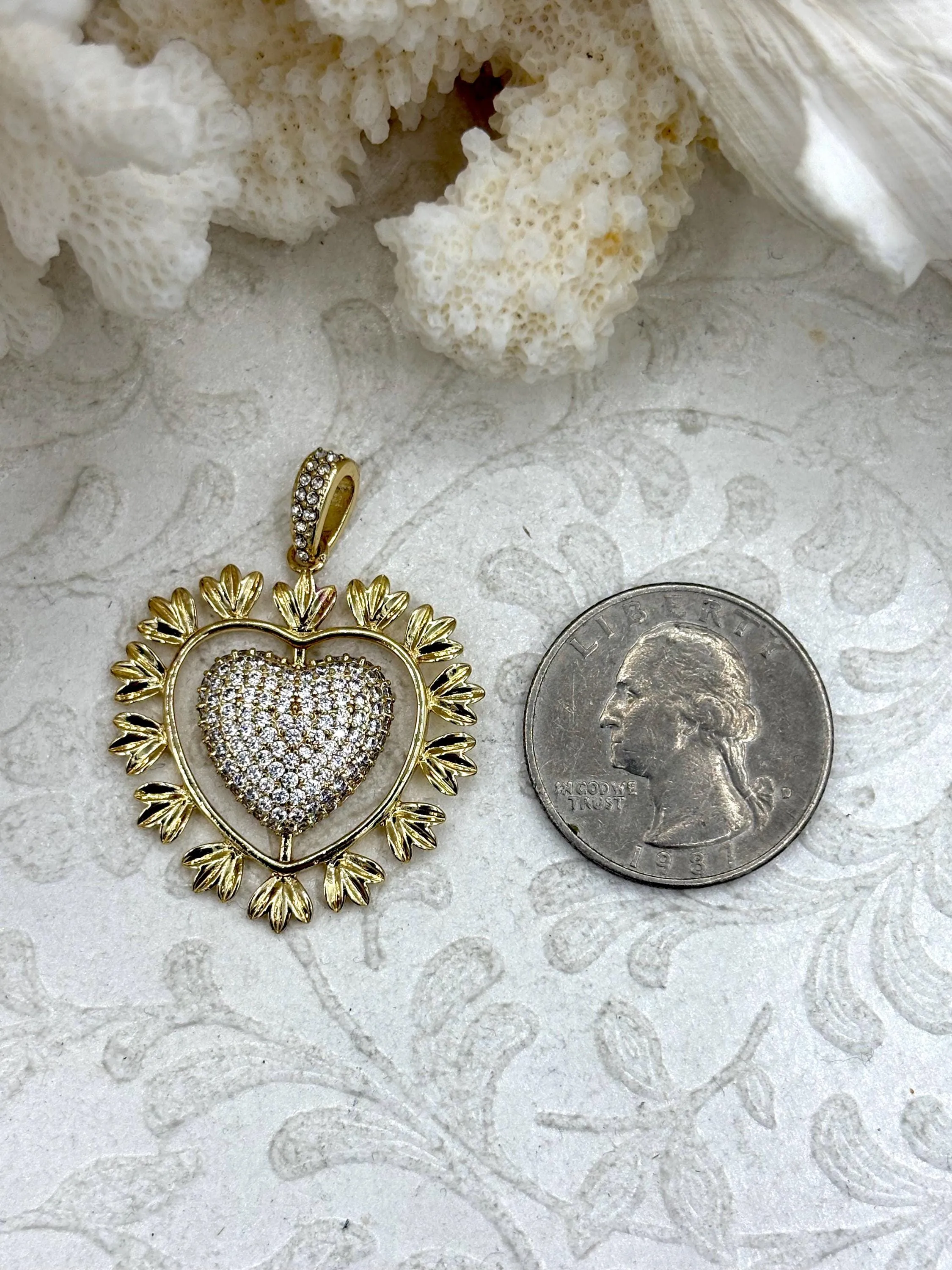 Brass Heart Charms with CZ, 5 styles, Gold and Silver Plated Brass, Brass and Cubic Zirconia Heart Pendants. Fast Ship Fragile Item