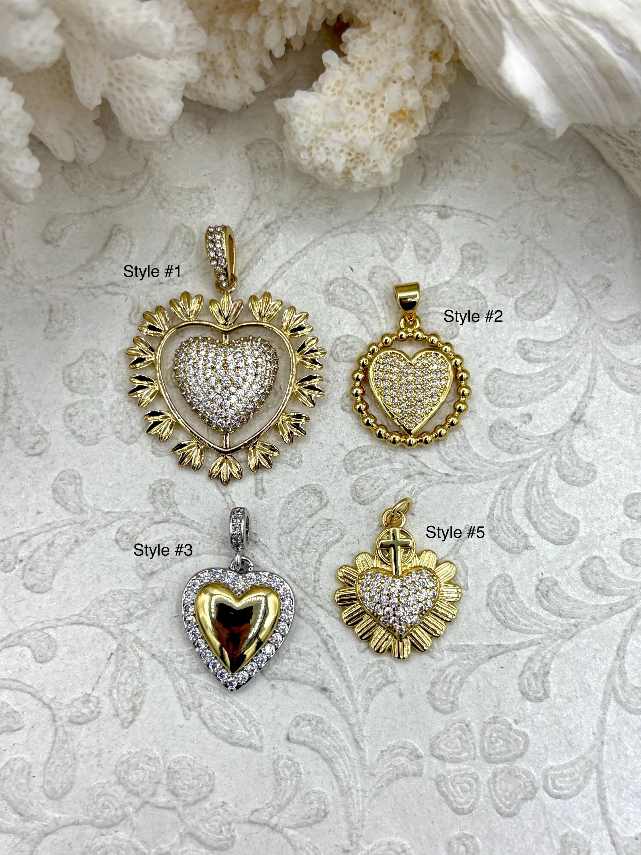 Brass Heart Charms with CZ, 5 styles, Gold and Silver Plated Brass, Brass and Cubic Zirconia Heart Pendants. Fast Ship Autumn Mood