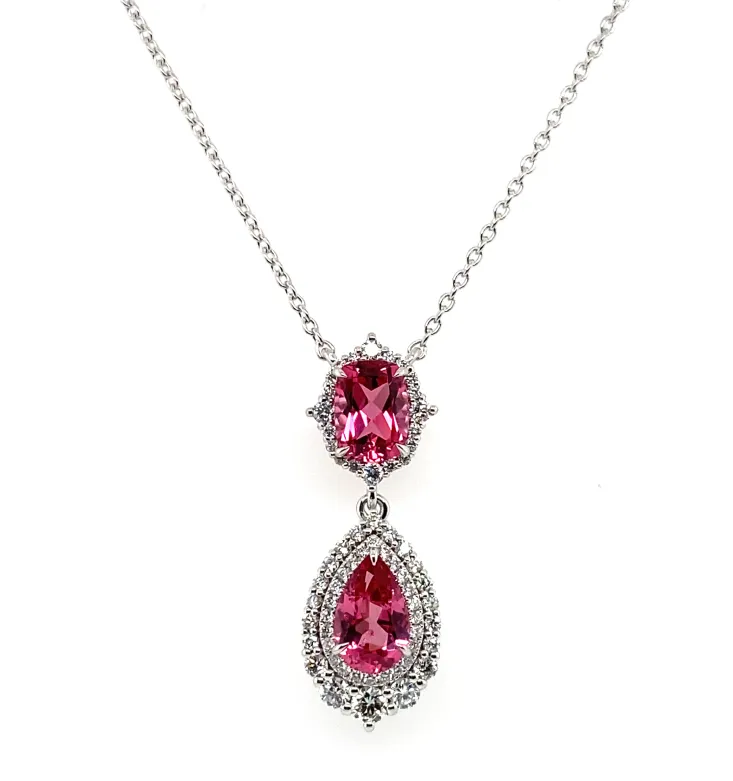 Bremer Jewelry 18K White Gold Pink Spinel and Diamond Drop Necklace (2.49ctw) Layered Spark