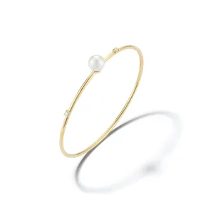 Bremer Jewelry Akoya Cultured Pearl and Diamond Bangle Bracelet in 18K Yellow Gold (0.11ctw) Perpetual Combinations