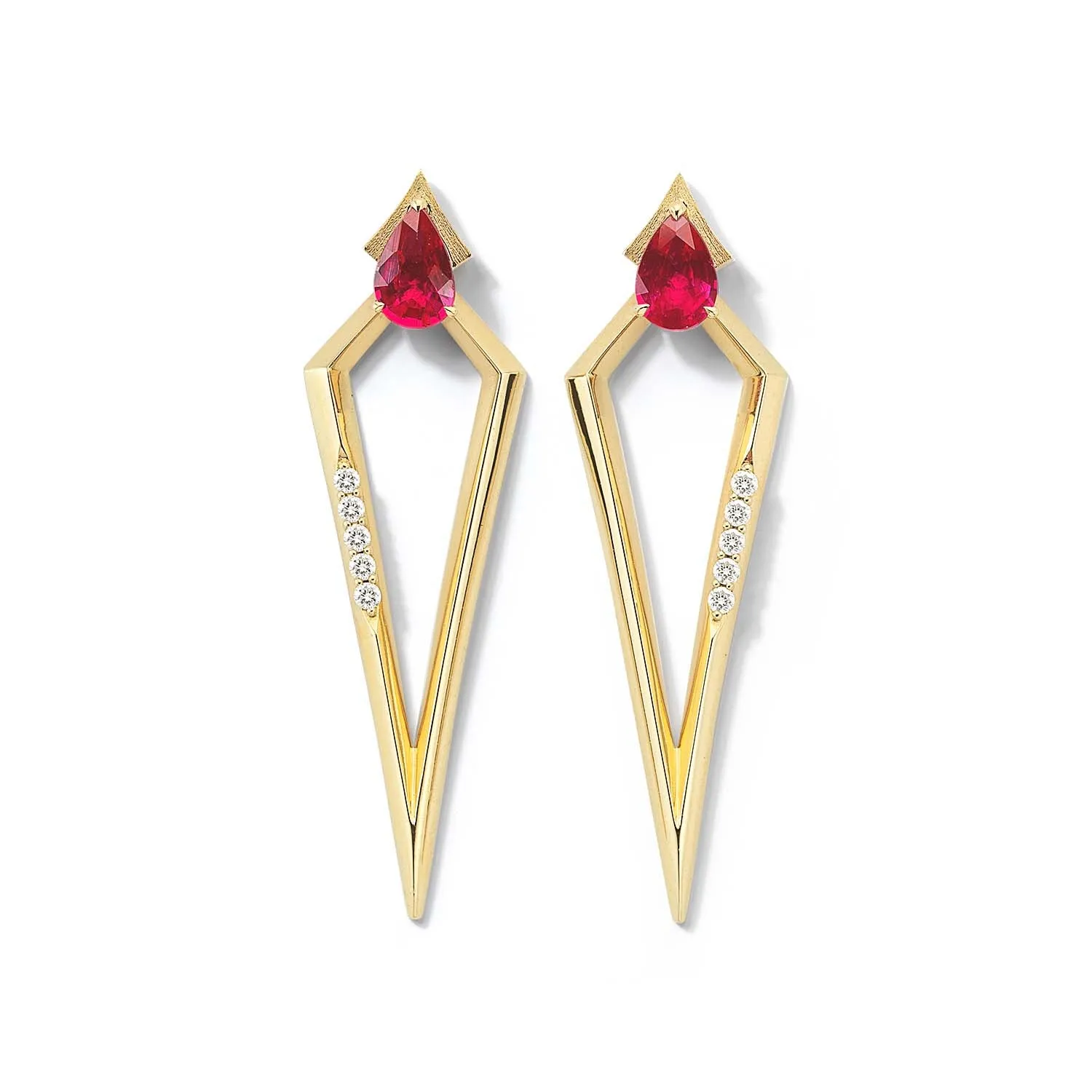 Contemporary Shine Shine Moment Bremer Jewelry Pear Shaped Rubies and Diamonds Drop Earrings in 18K Yellow Gold (1.06ctw)