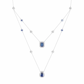 Flawless Style Alluring piece 2.98 CT. Pear & Emerald Cut Sapphire Halo Layered Necklace