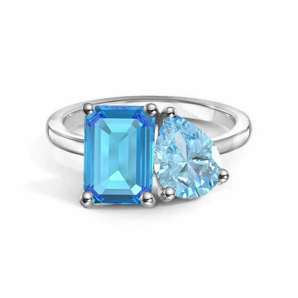 Contemporary Form Statement Accessory Toi et Moi Personalized Blue Topaz Birthstone Anniversary Ring