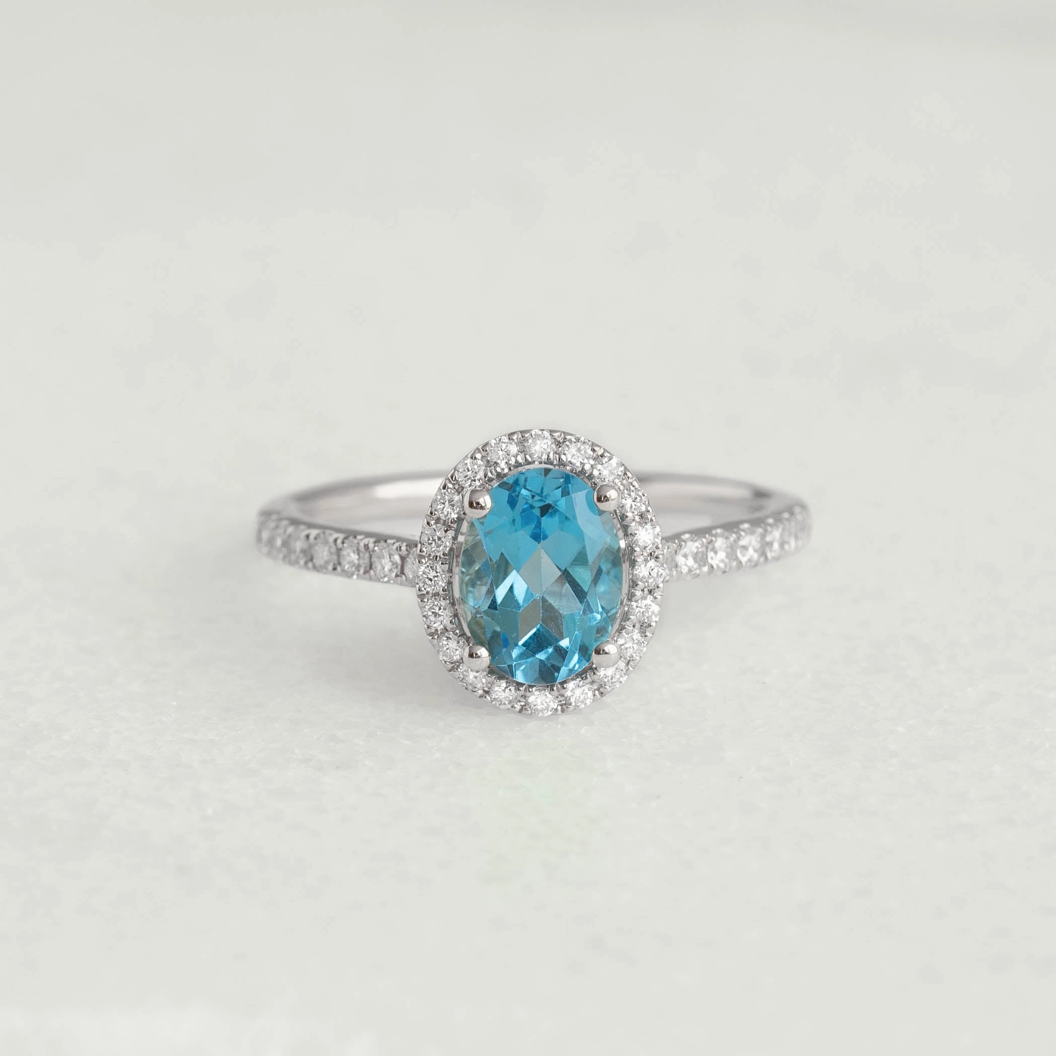 Oval Swiss Blue Topaz Halo Ring White Gold - Suna Chic Day Versatile Gem