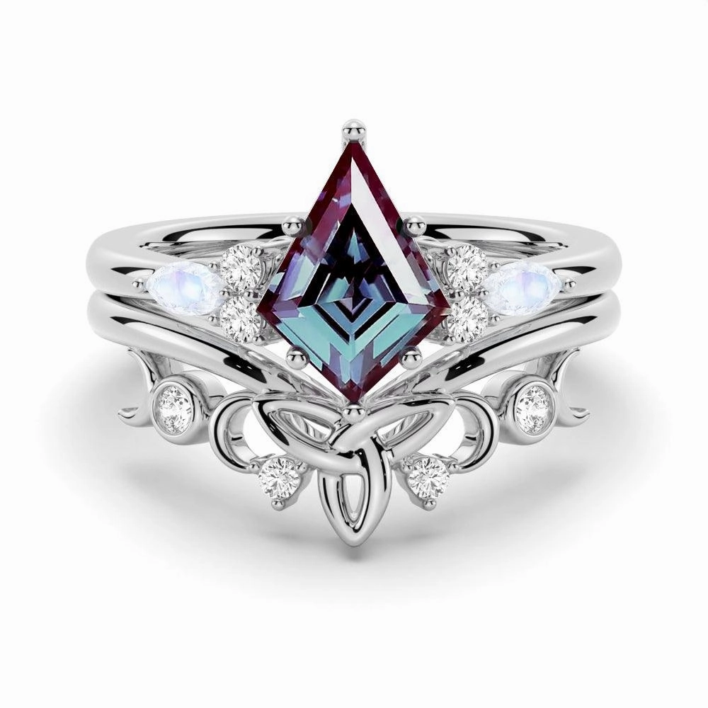 Lightweight Piece 2 CT. Art Deco Unique Kite Cut Alexandrite Engagement Ring Set With Moonstone Accents