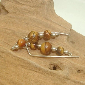 Brown Tiger Eye Sterling Silver Wire Ear Climbers - Ear Sweep 16 Large Accessory Metallic Jewelry