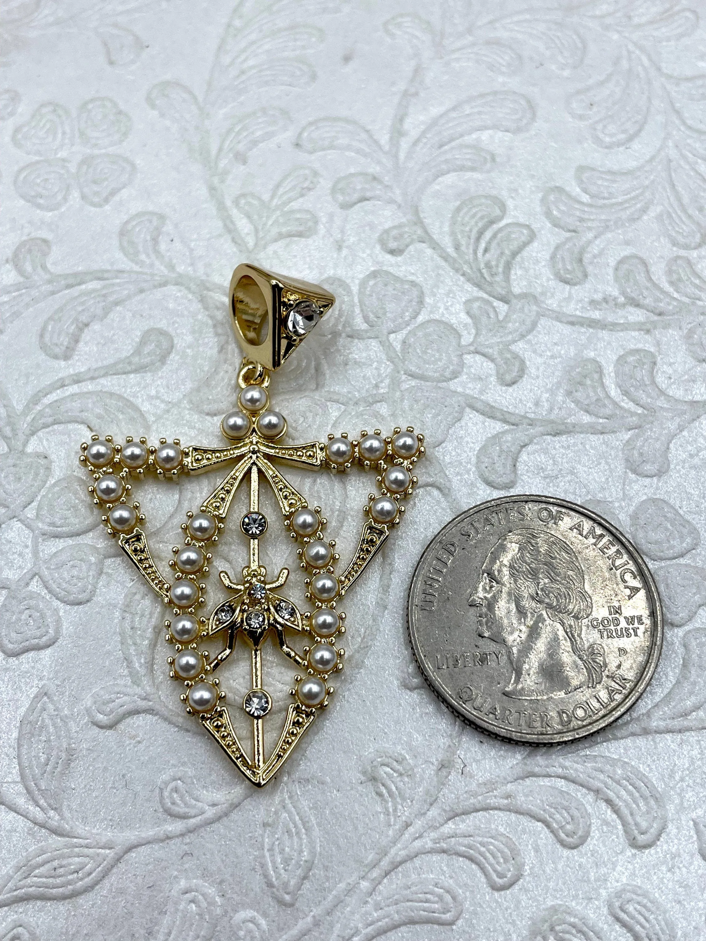 Reproduction Edwardian Paste Fly Pendant, Pearl and CZ Accents, 4 styles, 42mm x 34mm x 3mm, Fast Shipping Fashionable Accessory
