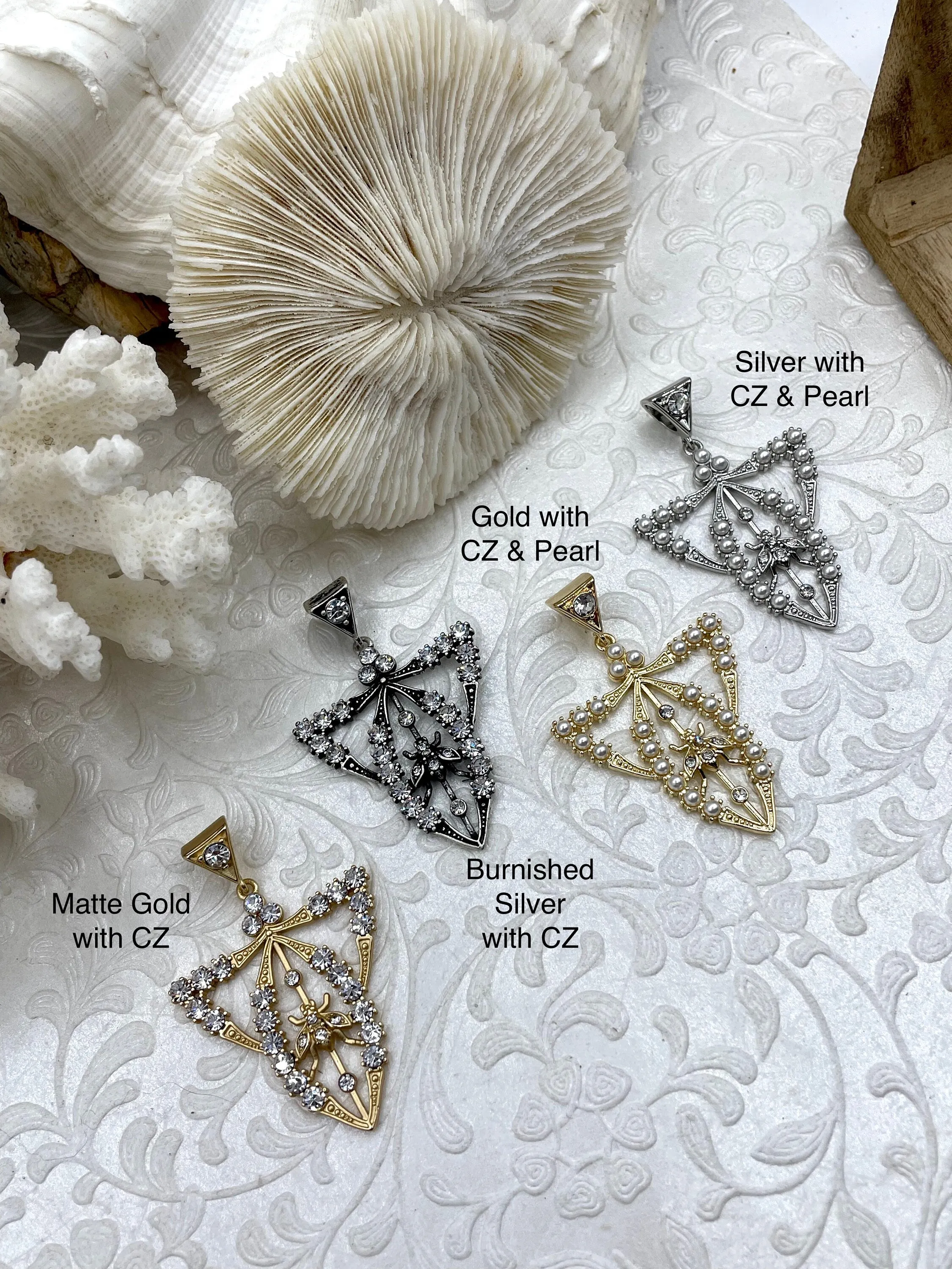 Reproduction Edwardian Paste Fly Pendant, Pearl and CZ Accents, 4 styles, 42mm x 34mm x 3mm, Fast Shipping International Jewelry