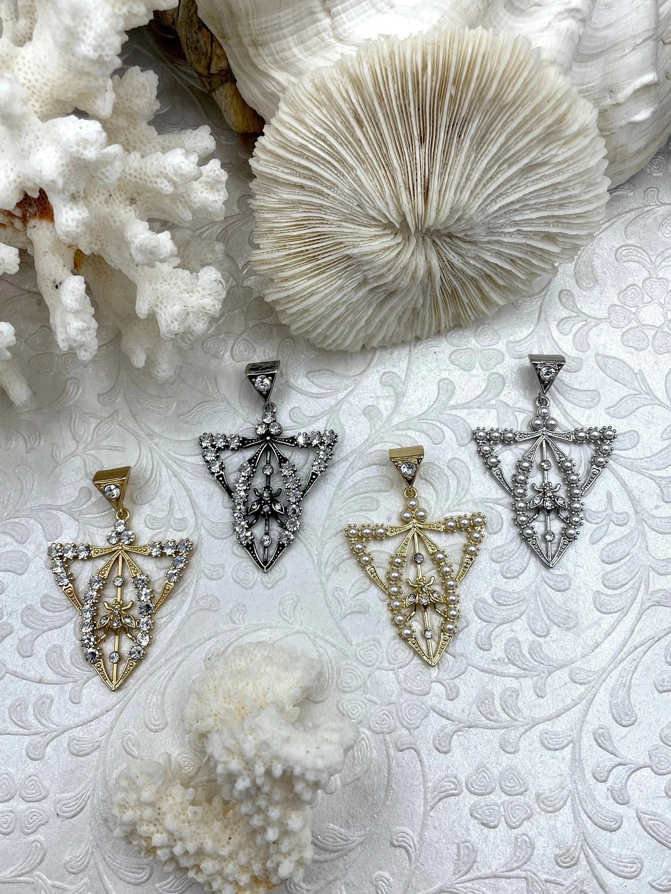 Value Jewelry Spring Accessory Reproduction Edwardian Paste Fly Pendant, Pearl and CZ Accents, 4 styles, 42mm x 34mm x 3mm, Fast Shipping