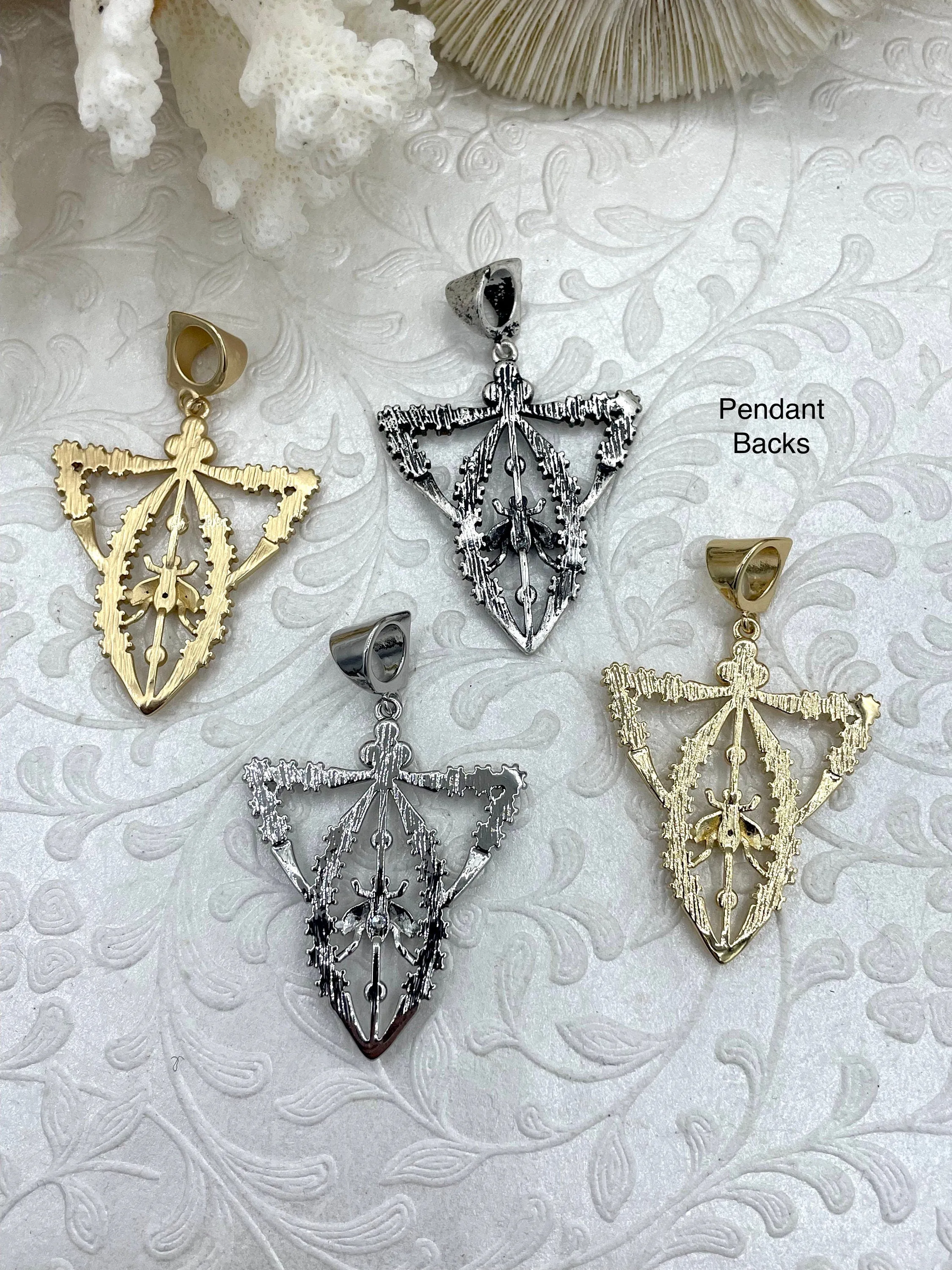 Reproduction Edwardian Paste Fly Pendant, Pearl and CZ Accents, 4 styles, 42mm x 34mm x 3mm, Fast Shipping Contemporary Present Chic Street