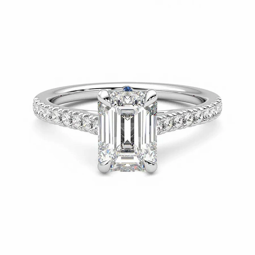 Pastel Light Emerald Cut Moissanite Engagement Ring with Hidden Anniversary Stone and Pav?? Accents