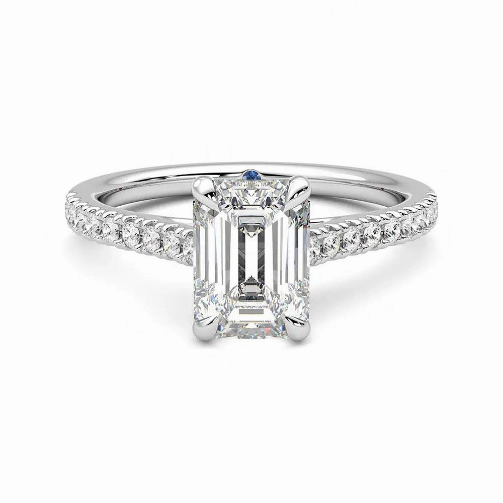 Modern Style Bold Spark Emerald Cut Moissanite Engagement Ring with Hidden Anniversary Stone and Pav?? Accents
