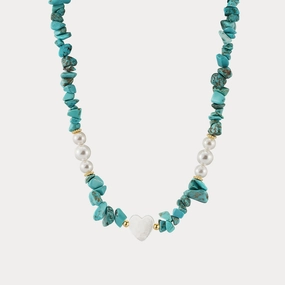 Turquoise Pearl Heart Charm Necklace Glistening Accent Modern Detailing