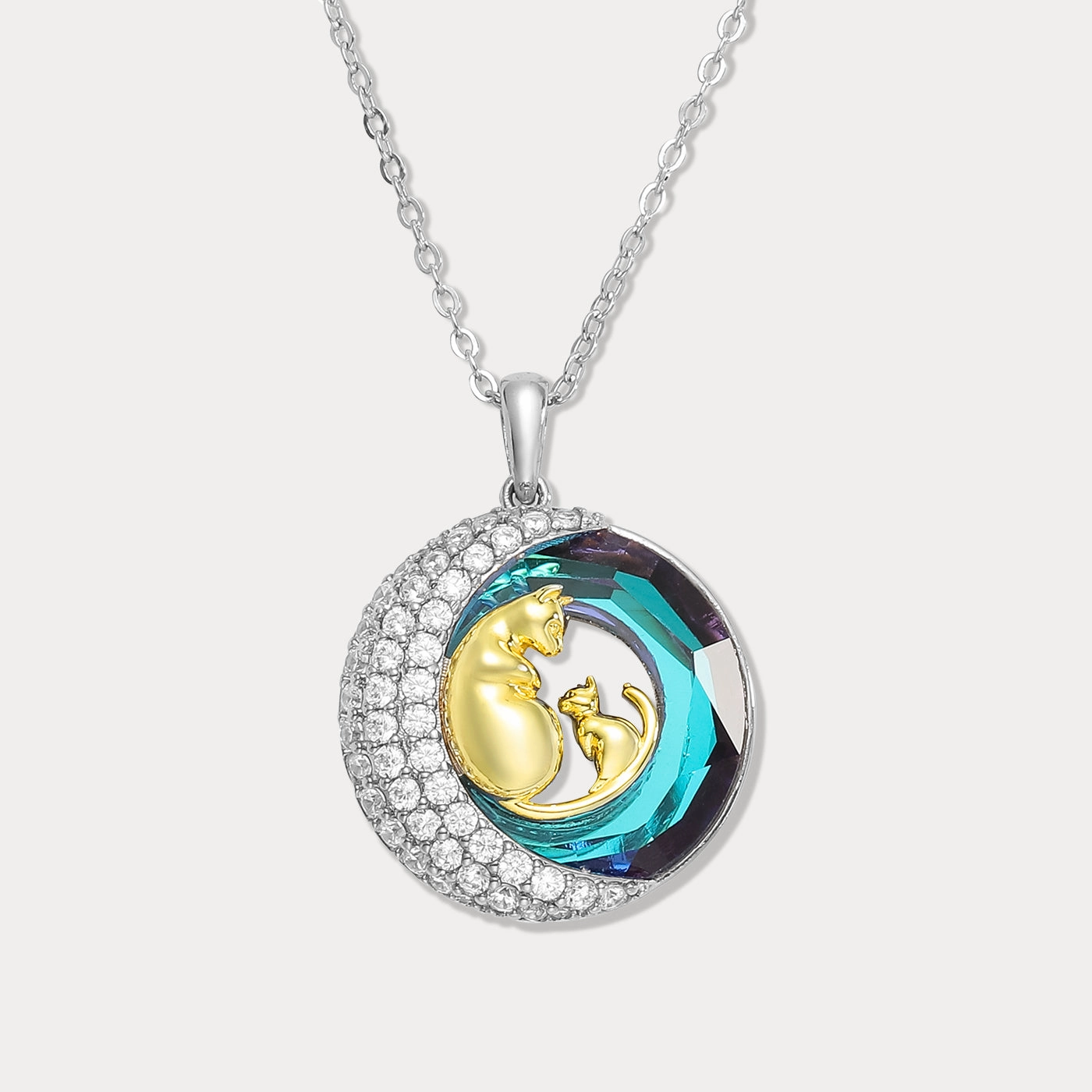 Stylish Twist Elegant Outline Cat Mom & Moonlit Kitten Necklace
