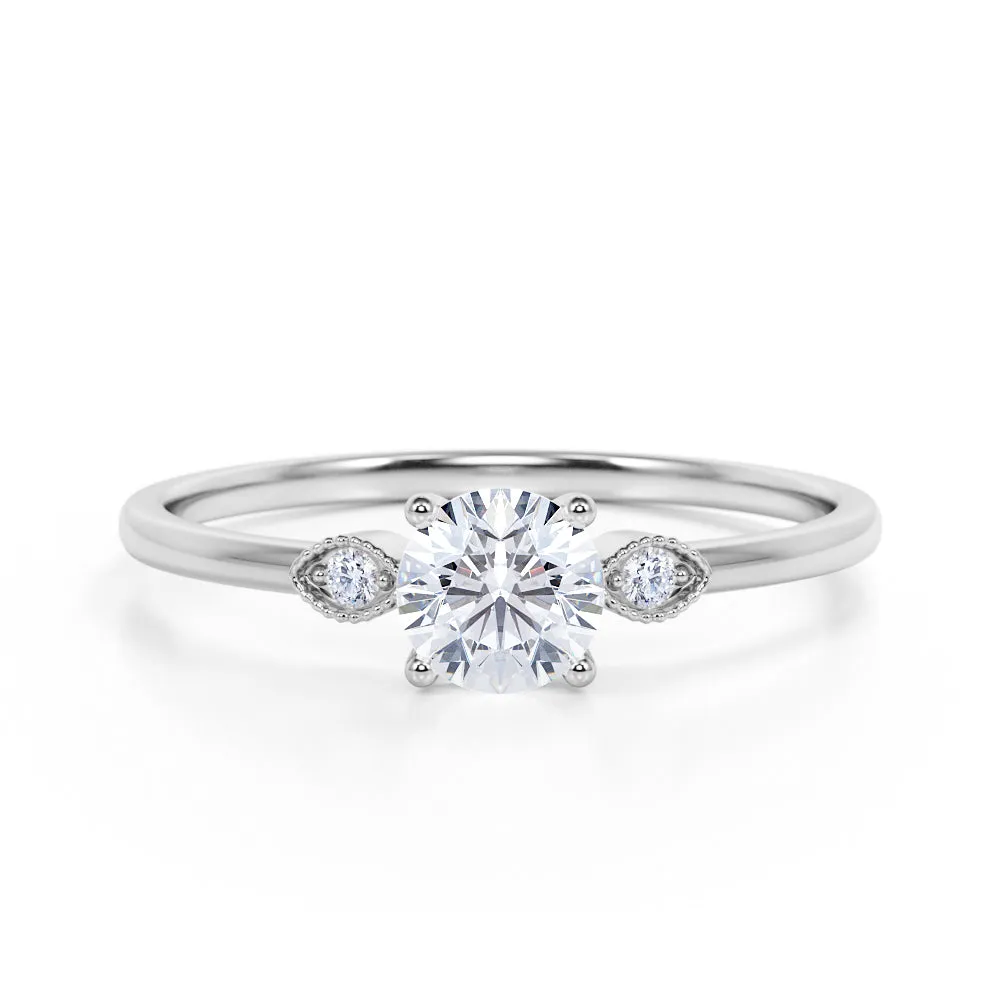 Certified 1.1 CT Round Lab Diamond Three Stone Milgrain Engagement ring Neutral palette Everyday Spark