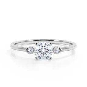 Certified 1.1 CT Round Lab Diamond Three Stone Milgrain Engagement ring Neutral palette Everyday Spark