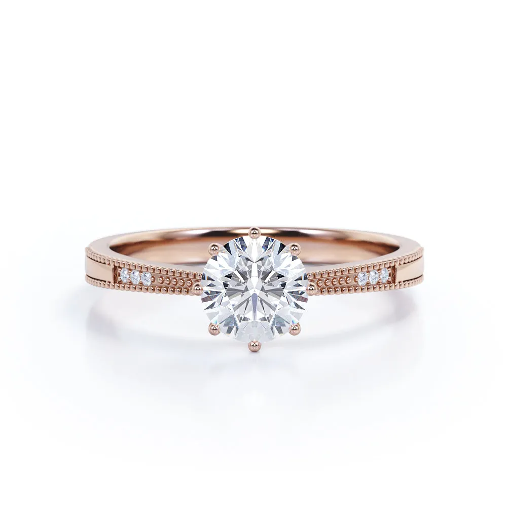 Certified 1.15 CT Round Lab Diamond 7-stone Antique Milgrain Engagement ring Custom Craft
