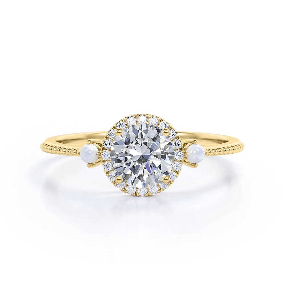 Stylish Vibe Subtle Edge Certified 1.25 CT Round Lab Diamond 3-stone Milgrain Engagement ring