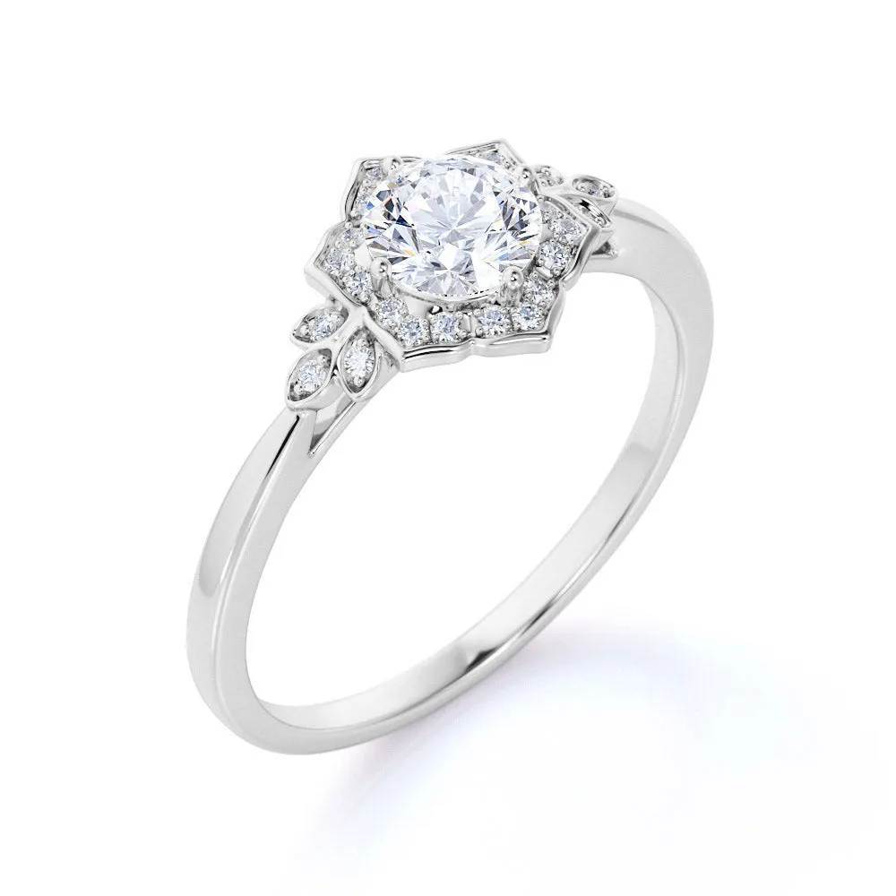 Night Glam Unique Vibe Certified 1.25 CT Round Lab Diamond Flora Halo Engagement Ring