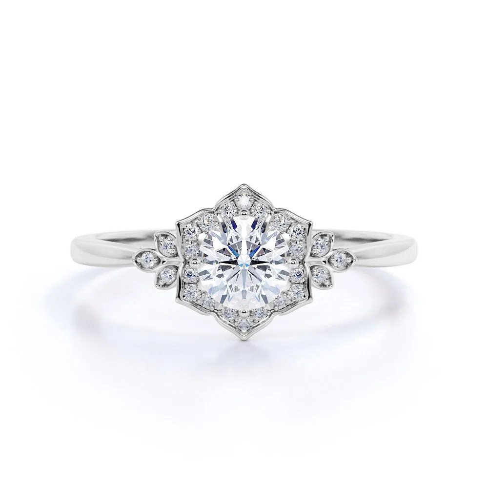 Certified 1.25 CT Round Lab Diamond Flora Halo Engagement Ring Elegant flair Effortless Finish