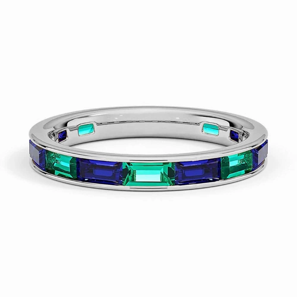 Statement Form True Elegance Channel Set Baguette Lab Sapphire and Lab Emerald Promise Ring Band